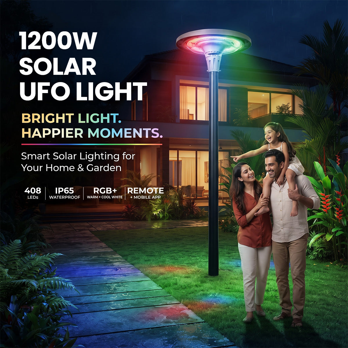 Hardoll 1200W Solar UFO Light – Waterproof LED | Solar Light for Home & Garden Outdoor India (Warm/Cool White+RGB)