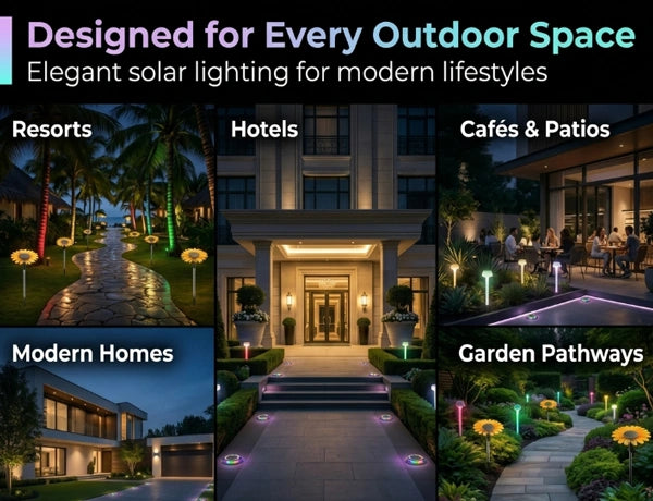 Solar lighting solutions for various outdoor spaces including resorts, hotels, cafes, patios, modern homes, and garden pathways.