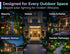 Solar lighting solutions for various outdoor spaces including resorts, hotels, cafes, patios, modern homes, and garden pathways.