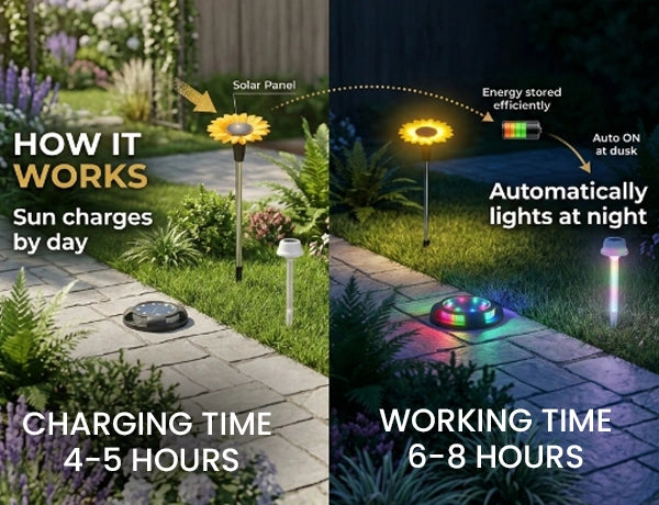 Solar-powered garden light system with charging and working time details.