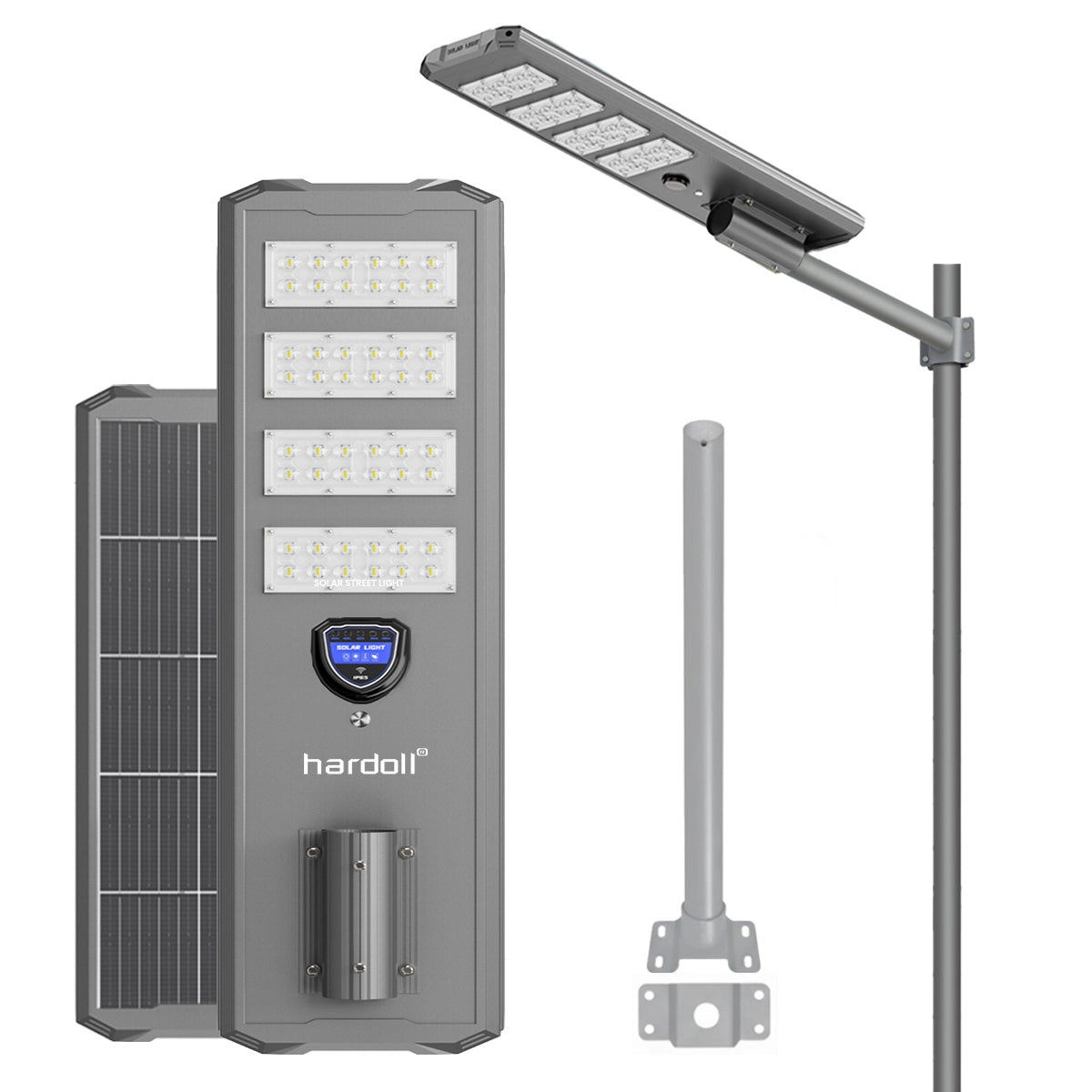 Solar street light system with solar panel and lamp on a white background