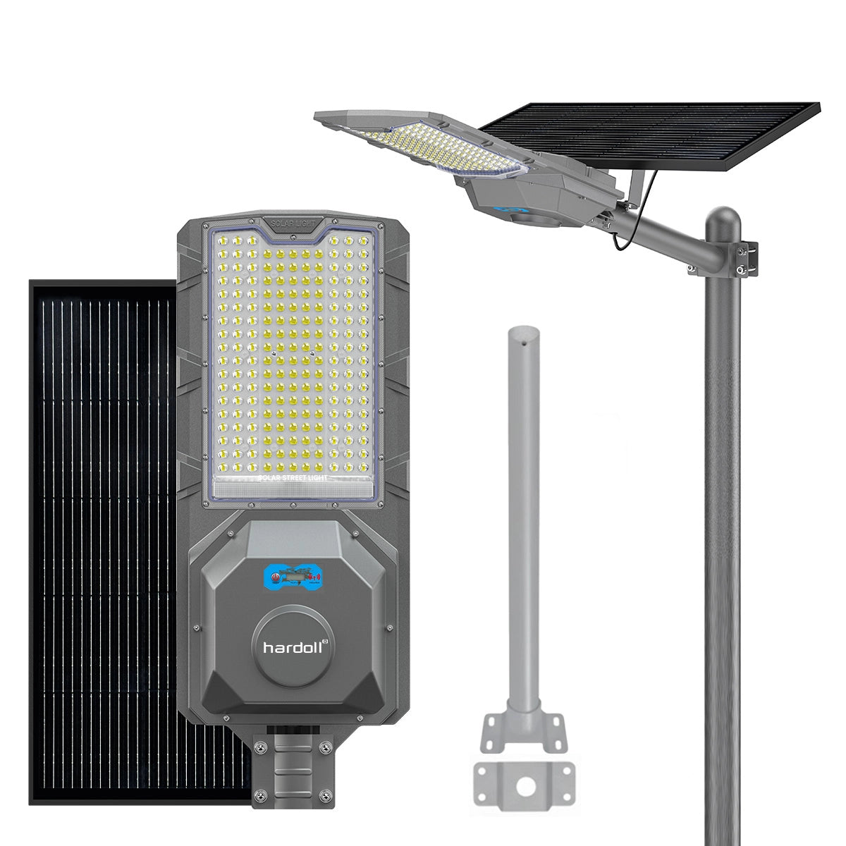 Solar street light system with solar panel and control box on a white background