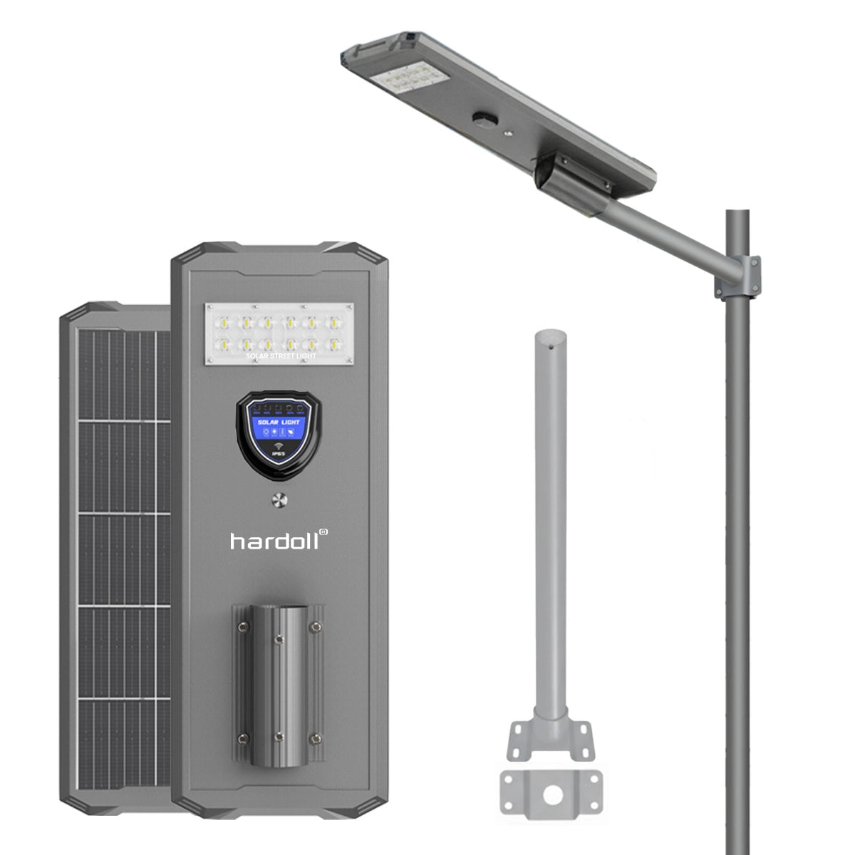Solar street light system with solar panel and light fixture on a white background