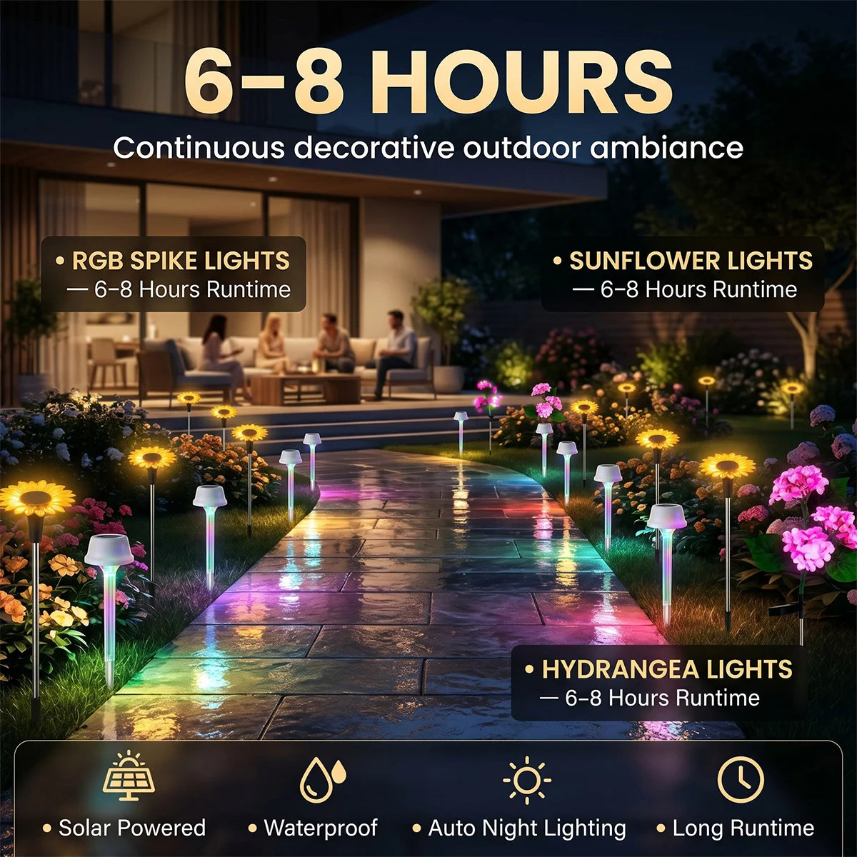 Garden pathway with RGB spike lights, sunflower lights, and hydrangea lights creating a decorative outdoor ambiance.