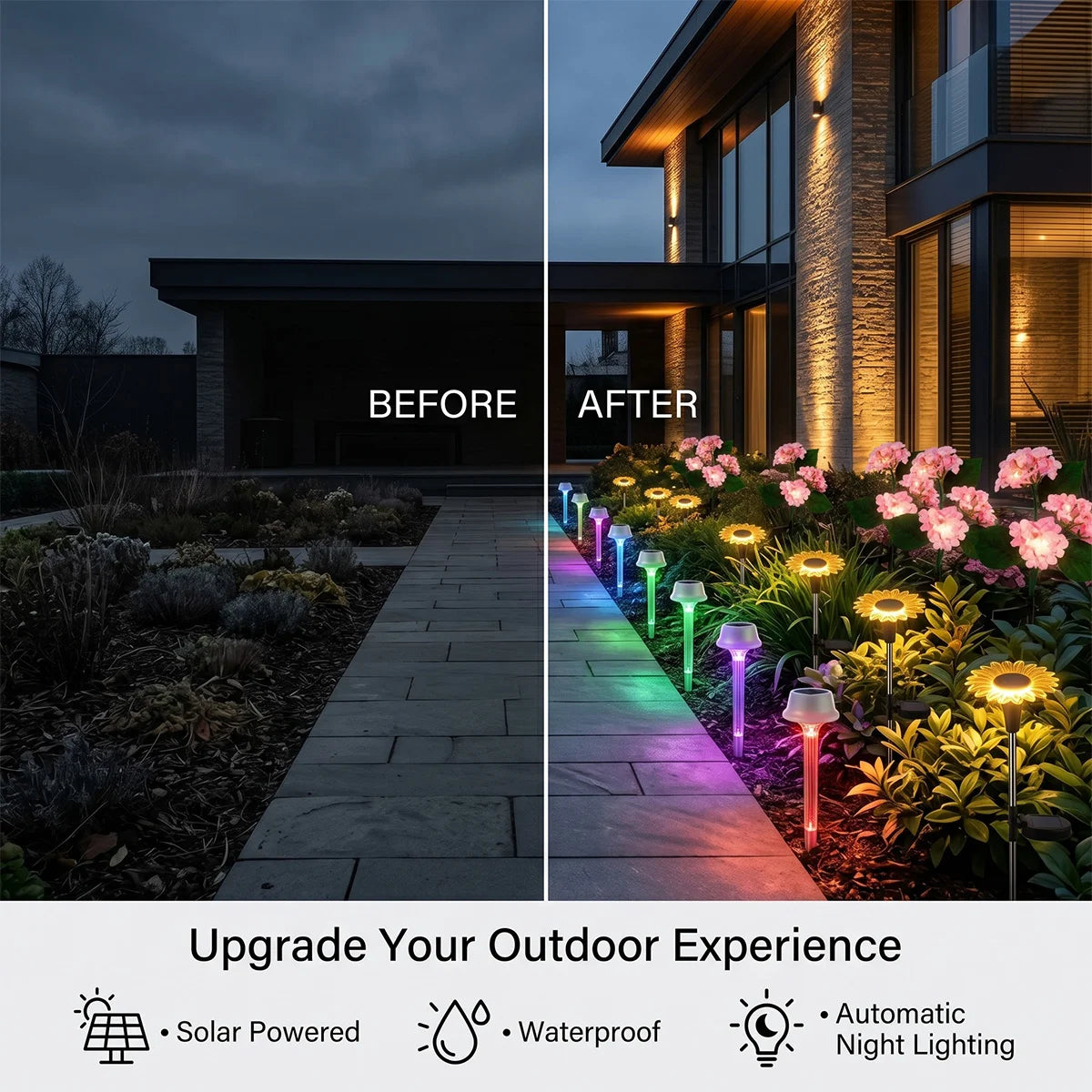 Before and after comparison of a garden pathway illuminated by solar-powered lights.