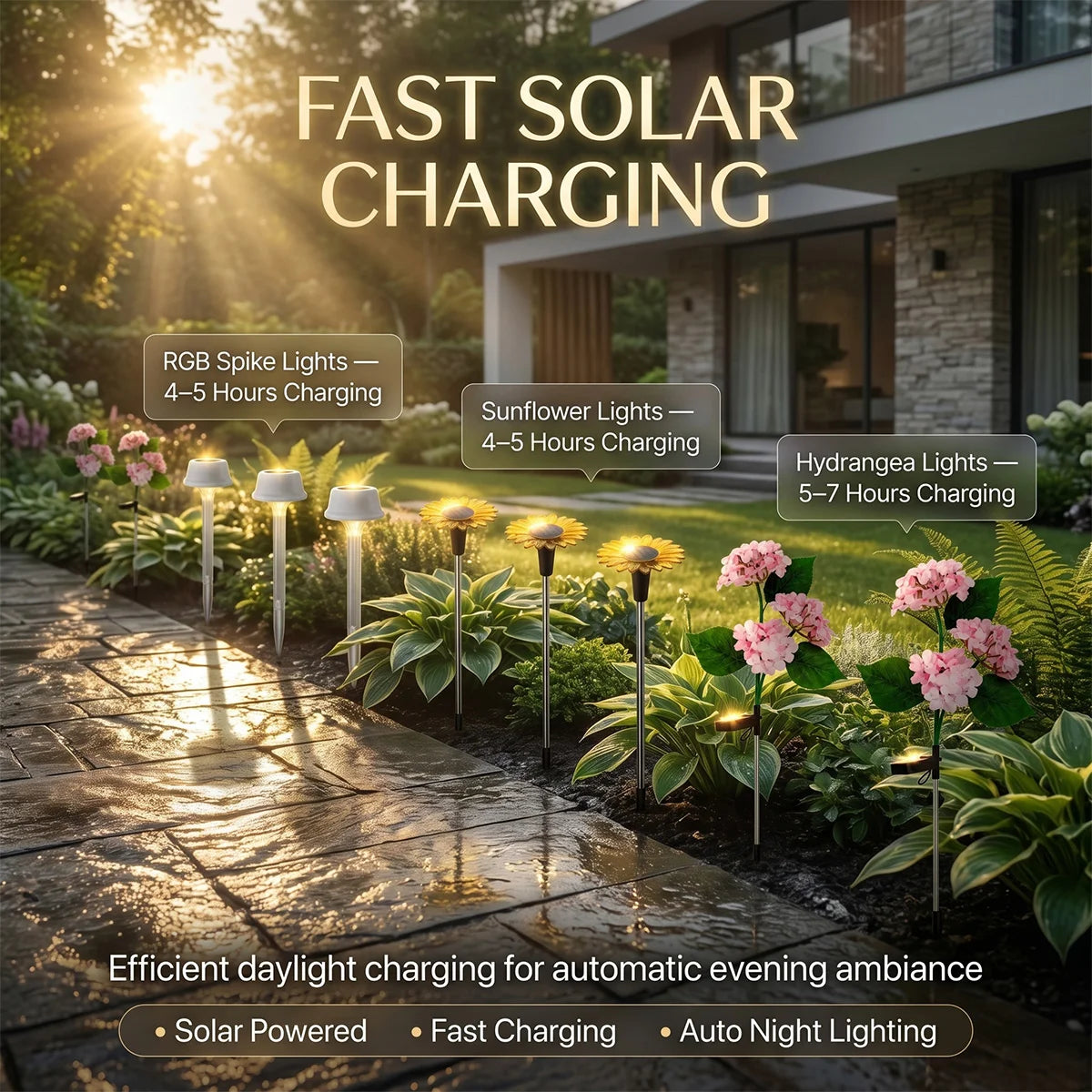 Solar lights in a garden with text highlighting fast solar charging capabilities.