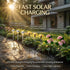 Solar lights in a garden with text highlighting fast solar charging capabilities.