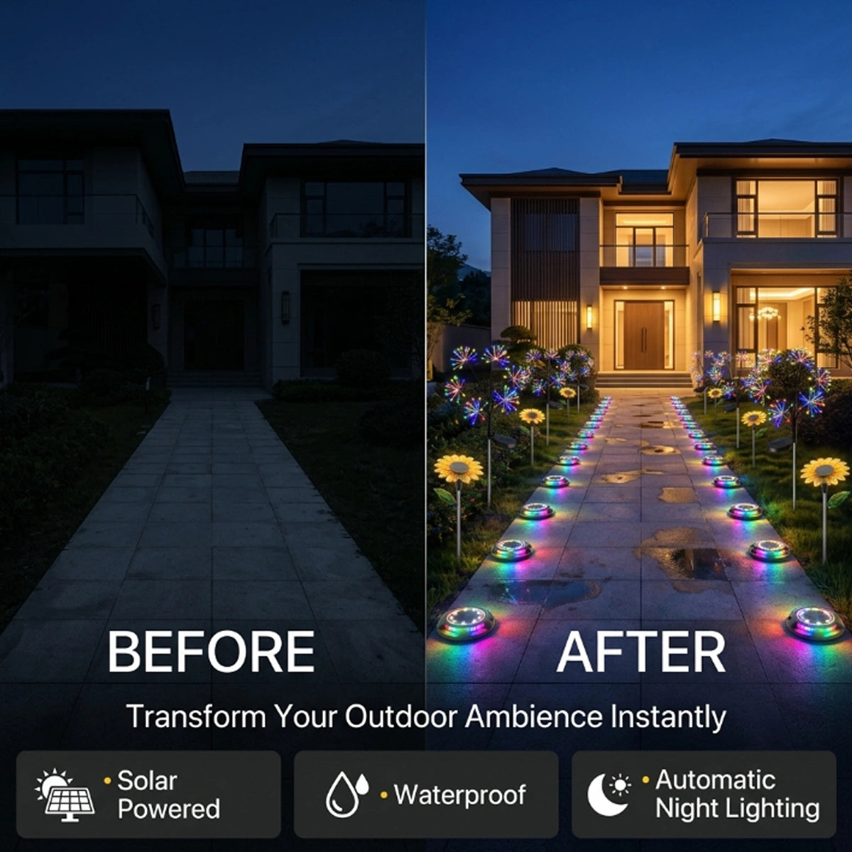 Night view of solar garden lights 