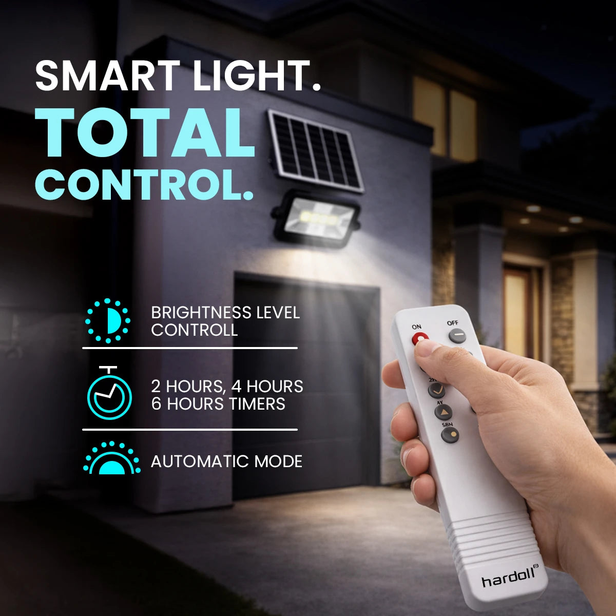 Smart light with remote control and features highlighted on a dark background