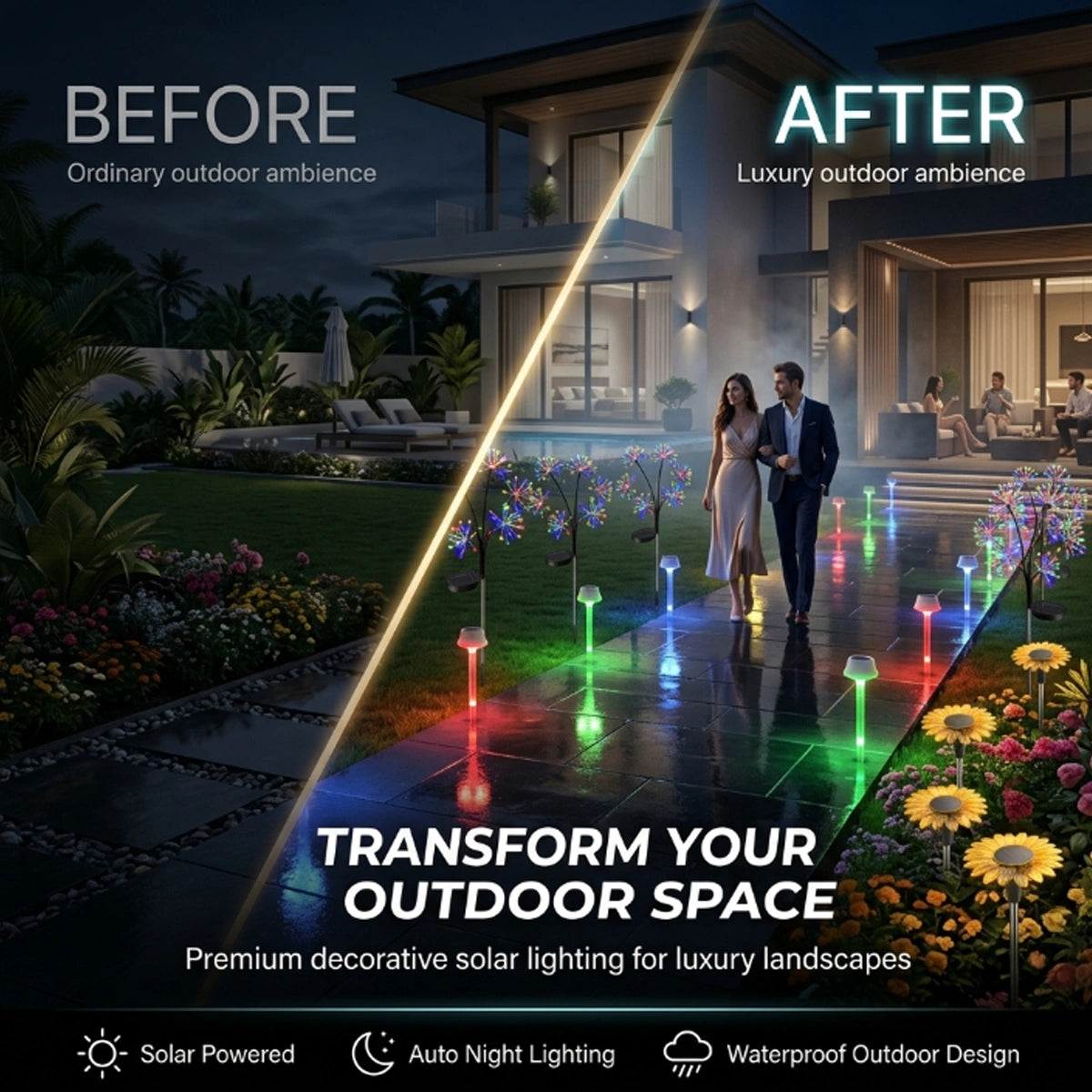 Before and after comparison of outdoor space with decorative solar lighting.