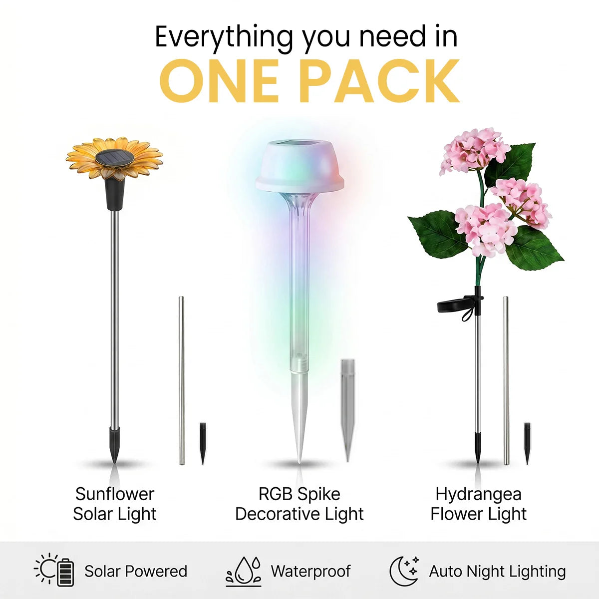 Set of solar lights including sunflower, RGB spike, and hydrangea flower lights on a white background.