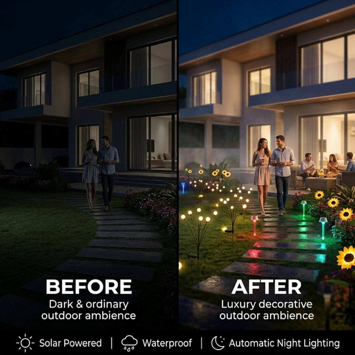 Before and after comparison of a house exterior with decorative lighting and people enjoying the space.