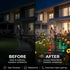 Before and after comparison of a house exterior with decorative lighting and people enjoying the space.