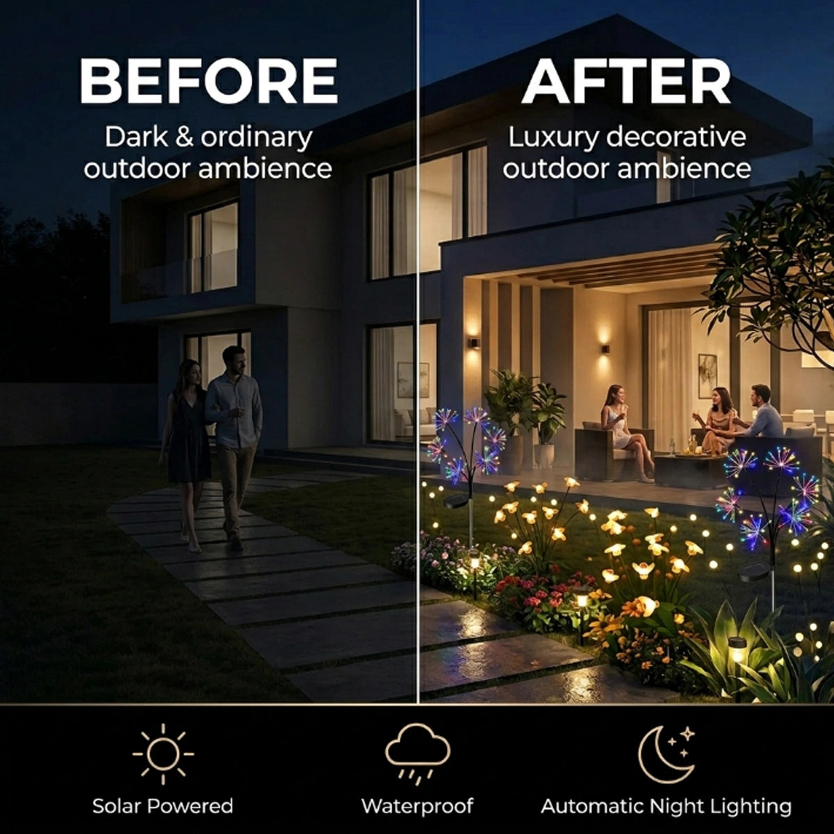 Before and after comparison of outdoor lighting with people on a patio and decorative elements.