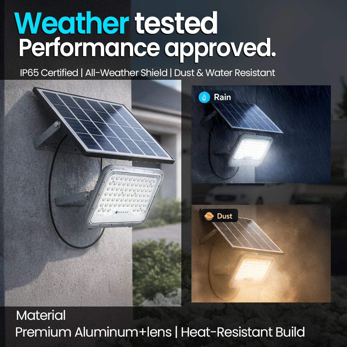 Solar light with weather resistance features on a dark background