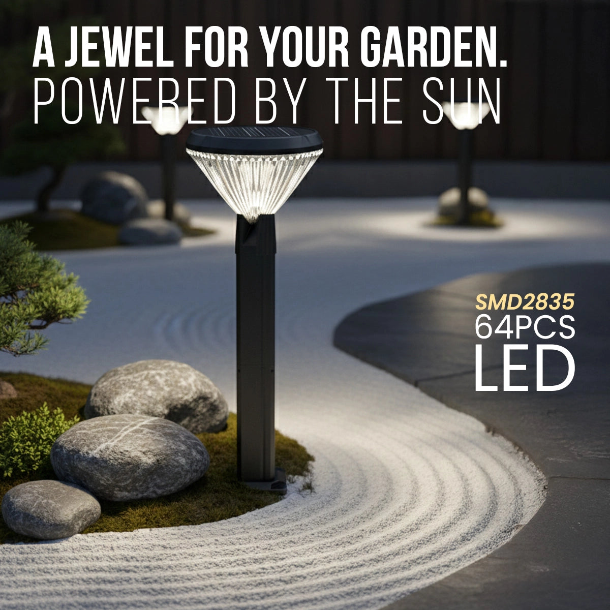Solar garden light on a stone path with text highlighting its features.