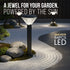 Solar garden light on a stone path with text highlighting its features.