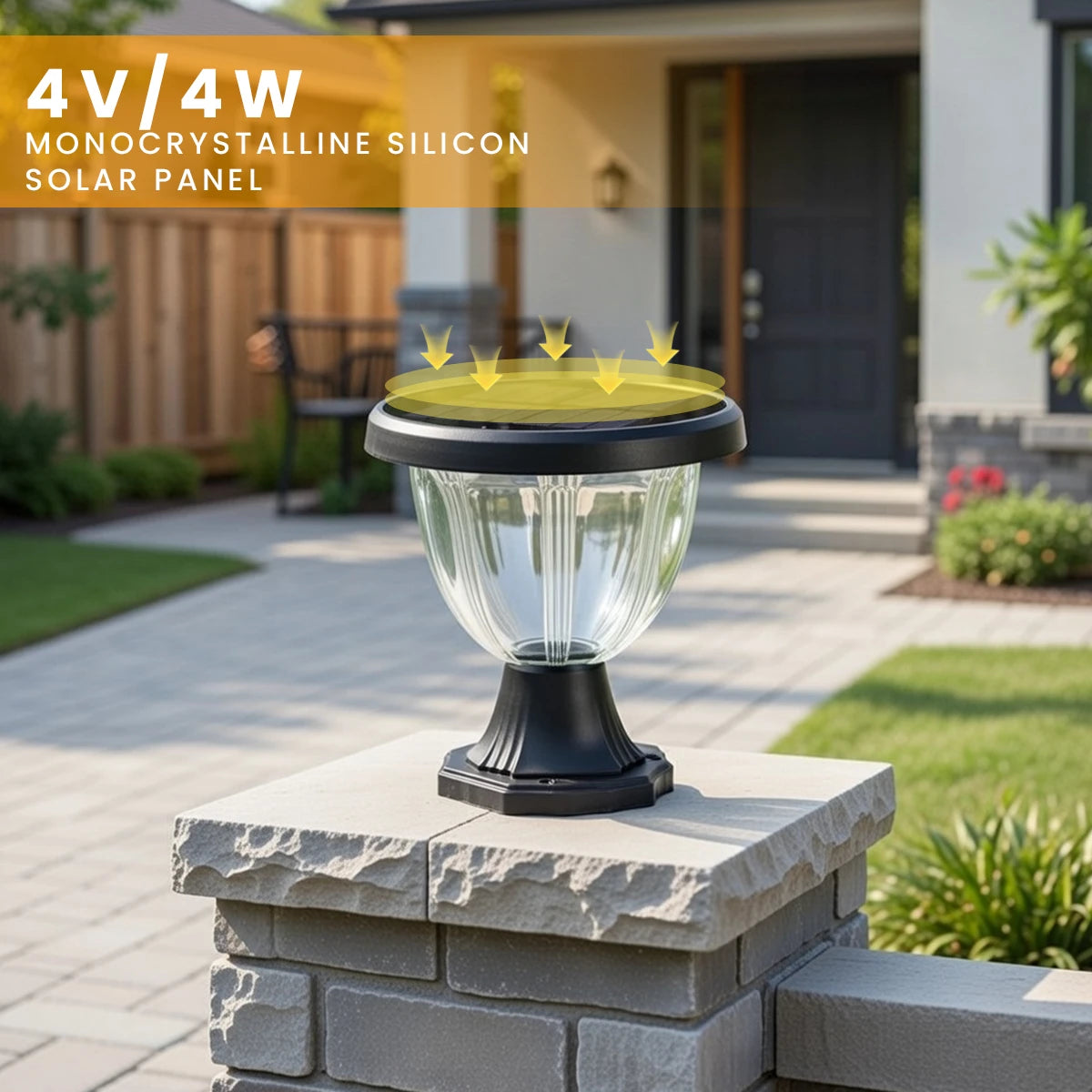 Solar panel on a stone pedestal in front of a house with text '4V/4W Monocrystalline Silicon Solar Panel'.