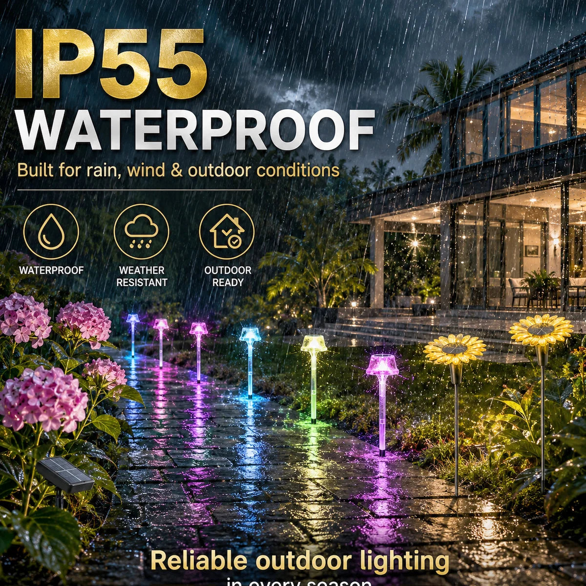 Outdoor garden pathway with colorful lights, surrounded by plants and a house in the background, emphasizing waterproof and weather-resistant features.