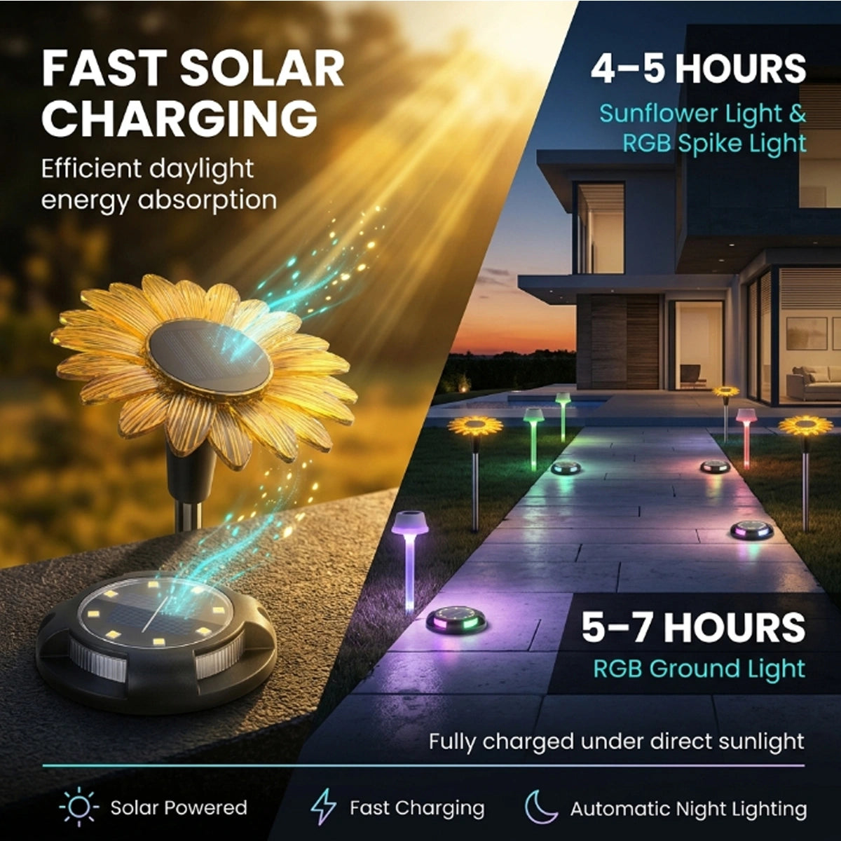 Solar-powered outdoor lights with charging and lighting information displayed.