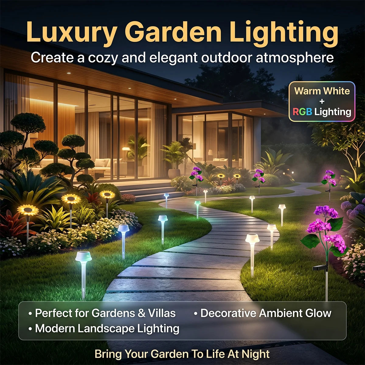 Garden pathway with decorative lighting and modern house in the background, emphasizing luxury garden lighting.