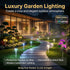 Garden pathway with decorative lighting and modern house in the background, emphasizing luxury garden lighting.
