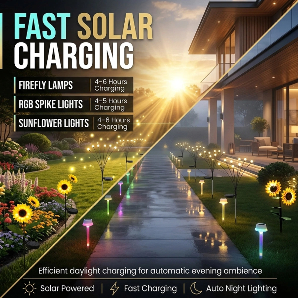 Modern house with solar-powered garden lights and fast charging text overlay