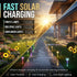 Modern house with solar-powered garden lights and fast charging text overlay