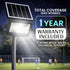 Solar flood light on a sports field with warranty and support information.