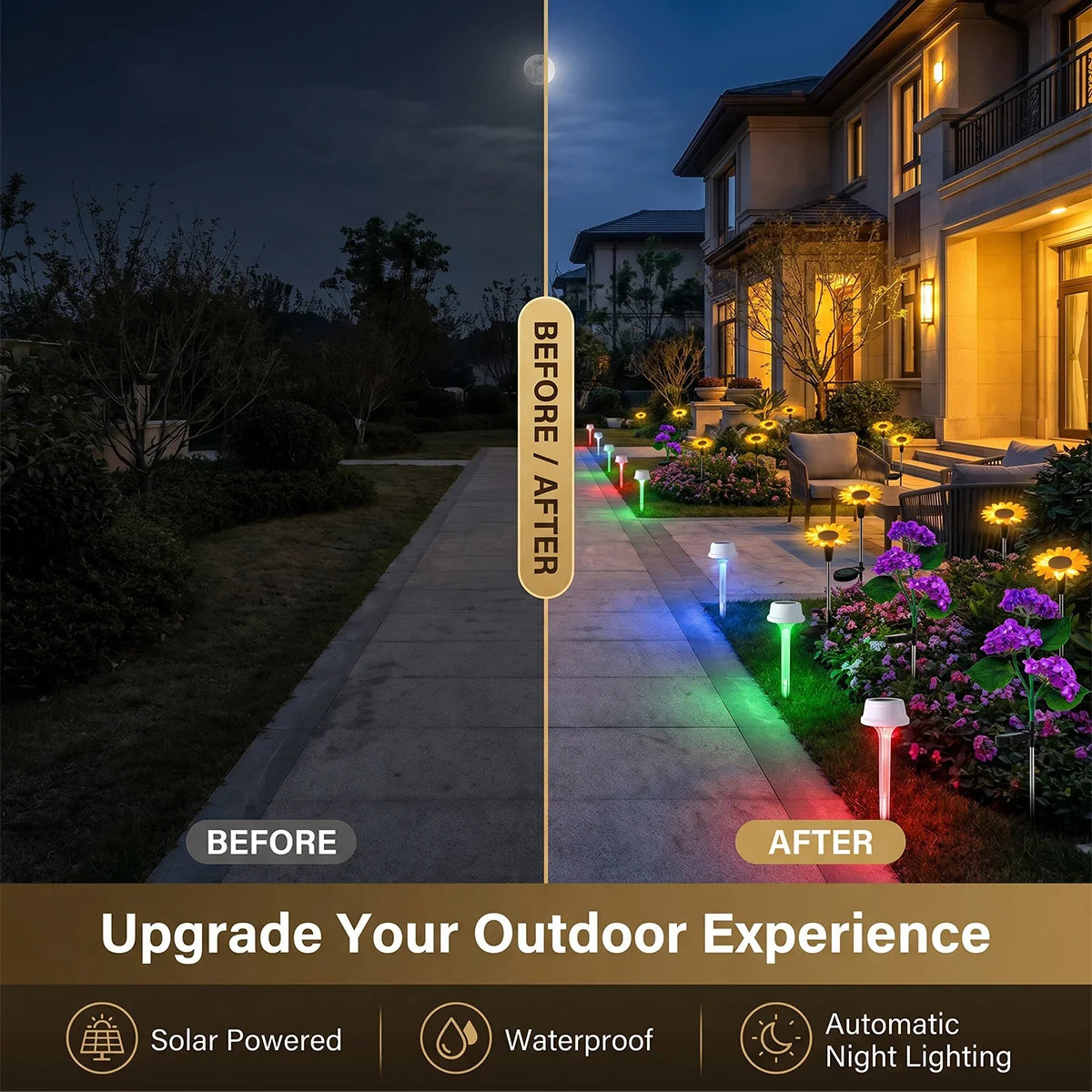 Before and after comparison of outdoor lighting upgrade with text 'Upgrade Your Outdoor Experience'.