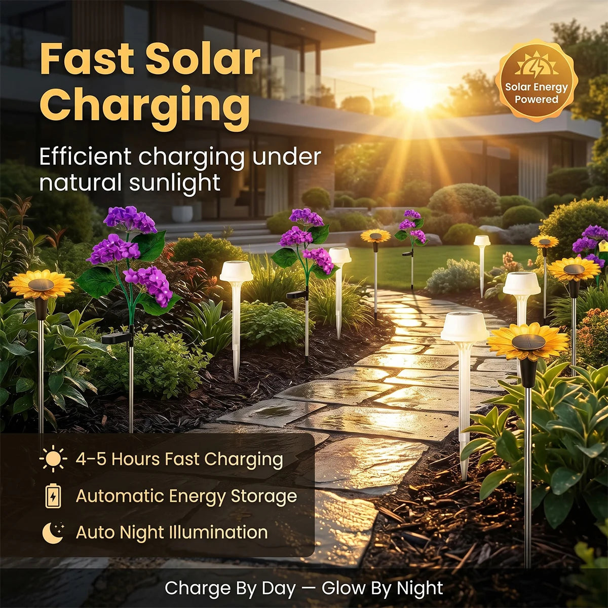 Solar-powered garden lights with flowers in a garden setting
