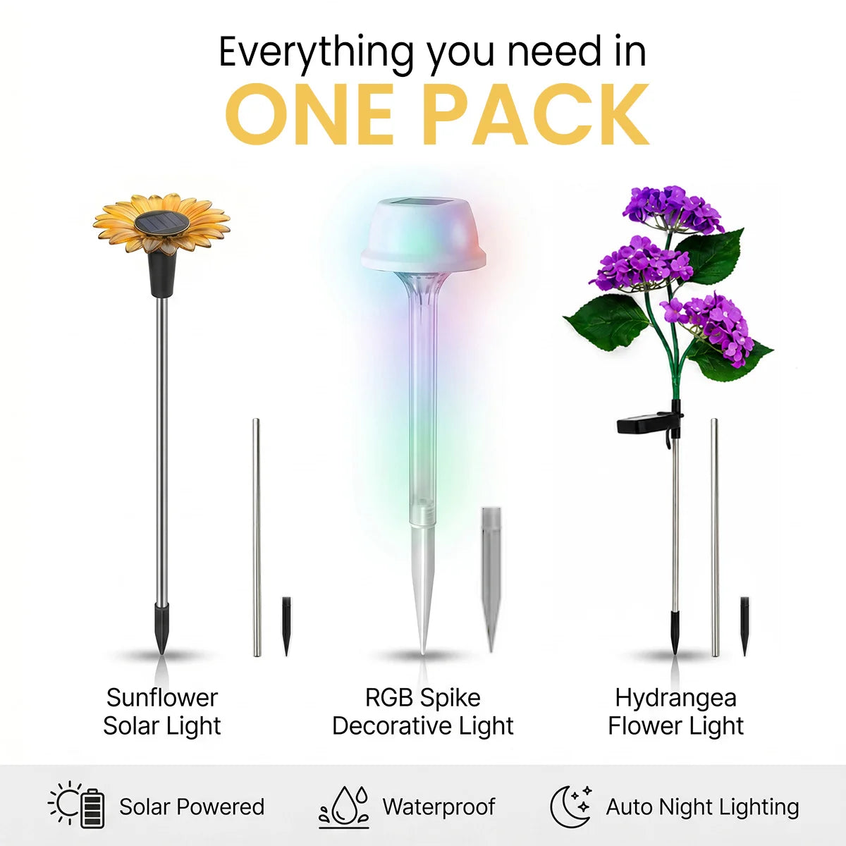 Solar lights with sunflower, RGB spike, and hydrangea flower design on a white background.