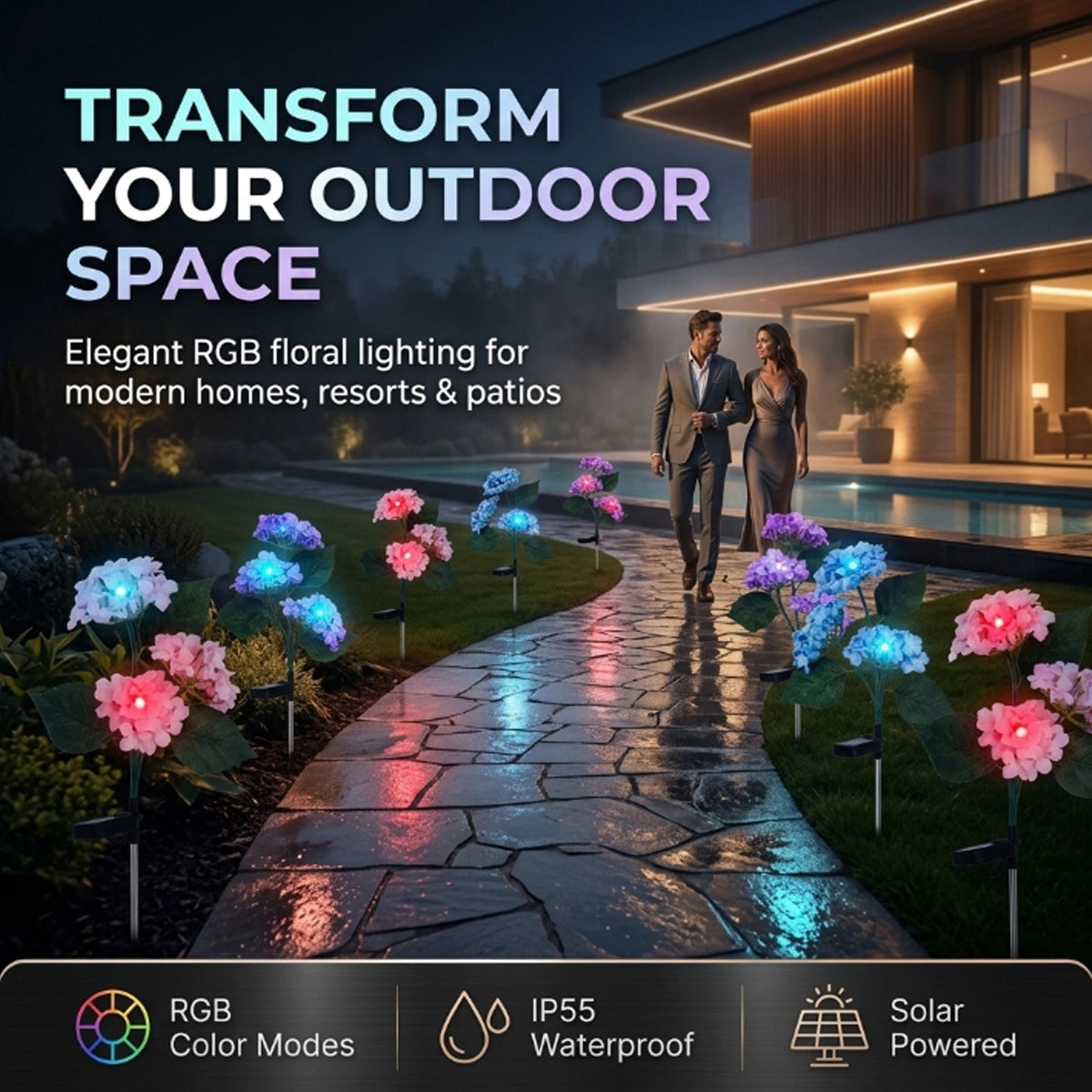 Elegant RGB floral lighting for outdoor spaces with a modern house in the background.