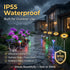 Outdoor garden lights with waterproof rating IP55 in a rain-soaked garden.