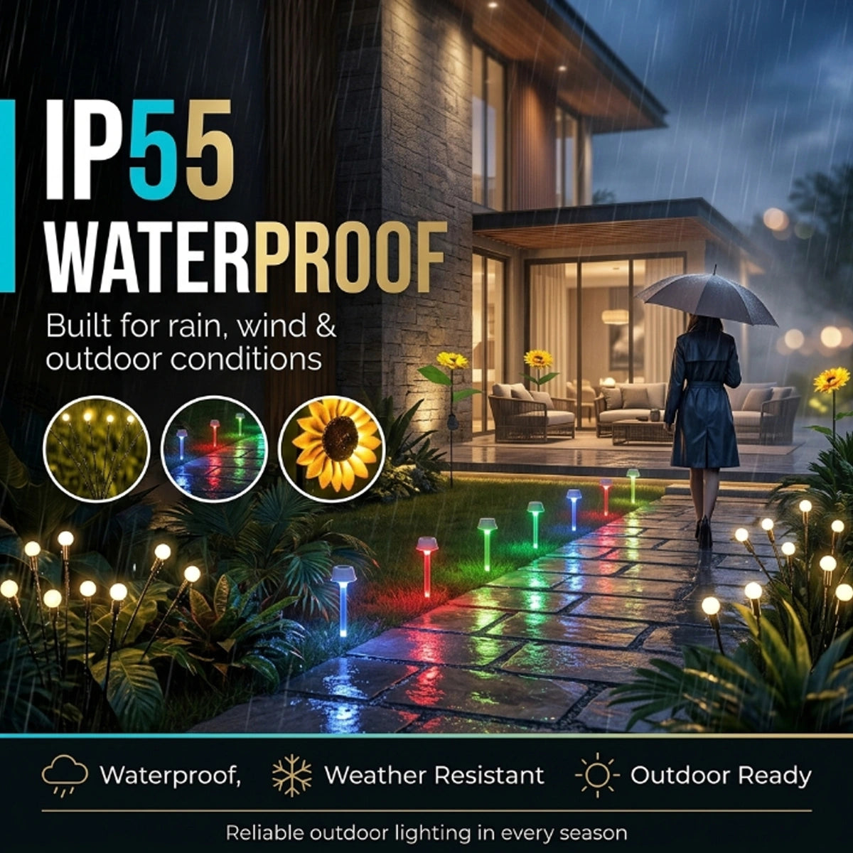 Garden pathway with waterproof outdoor lights and person holding an umbrella, emphasizing waterproof feature.