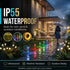 Garden pathway with waterproof outdoor lights and person holding an umbrella, emphasizing waterproof feature.