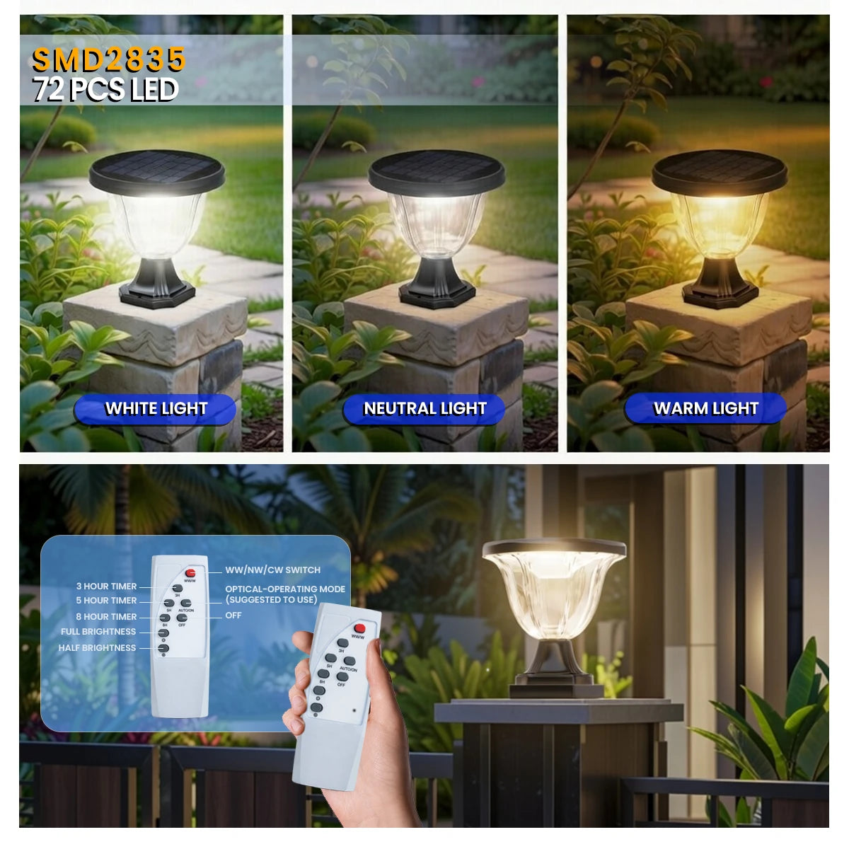 Solar-powered outdoor lights with different light settings and a remote control in a garden setting.