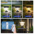 Solar-powered outdoor lights with different light settings and a remote control in a garden setting.
