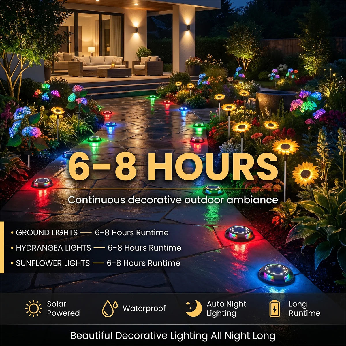 Outdoor garden with colorful lights and text indicating runtime and features.