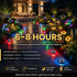 Outdoor garden with colorful lights and text indicating runtime and features.