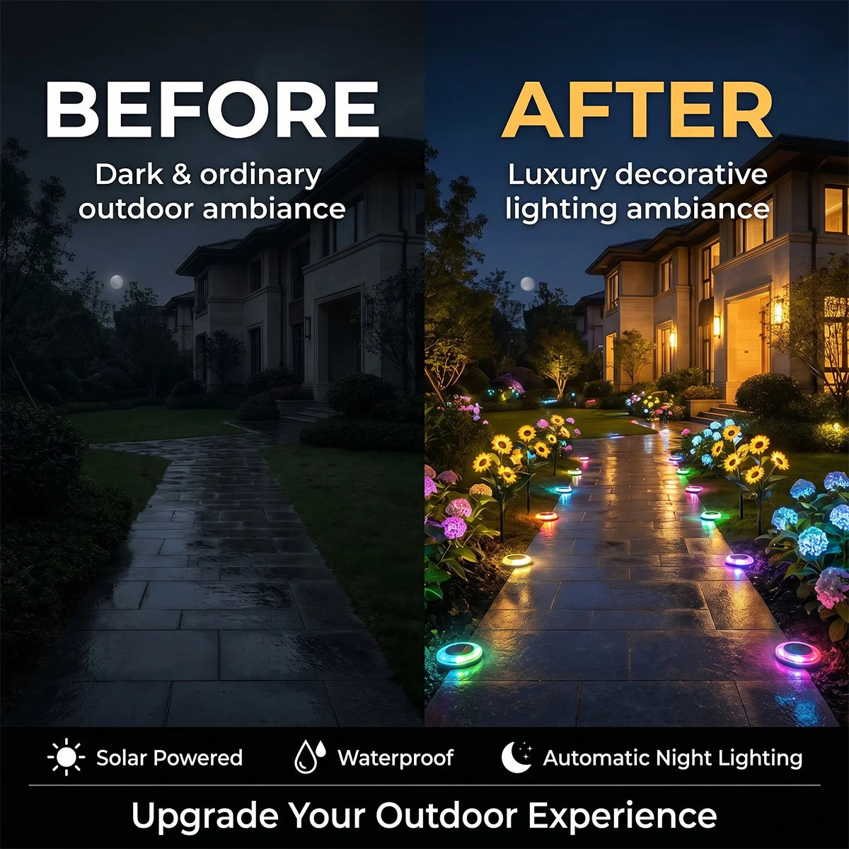 Before and after comparison of outdoor lighting with colorful lights on a pathway.