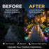 Before and after comparison of outdoor lighting with colorful lights on a pathway.