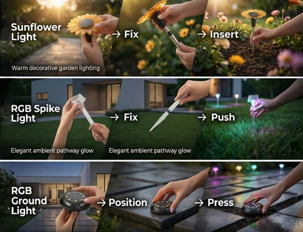 Step-by-step guide on how to use sunflower light, RGB spike light, and RGB ground light for decorative garden and pathway lighting.