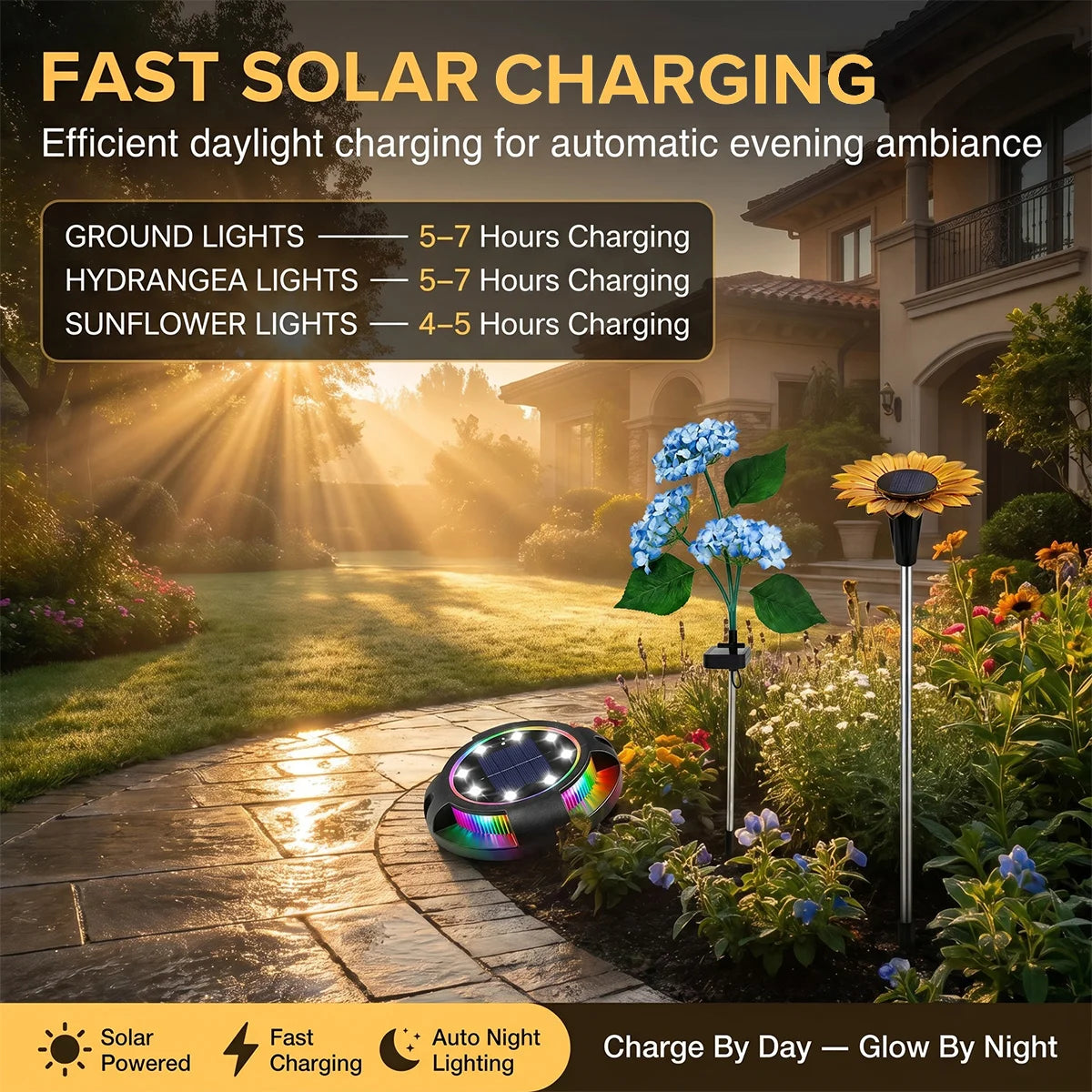 Solar-powered garden lights with charging times displayed in a garden setting.
