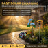 Solar-powered garden lights with charging times displayed in a garden setting.
