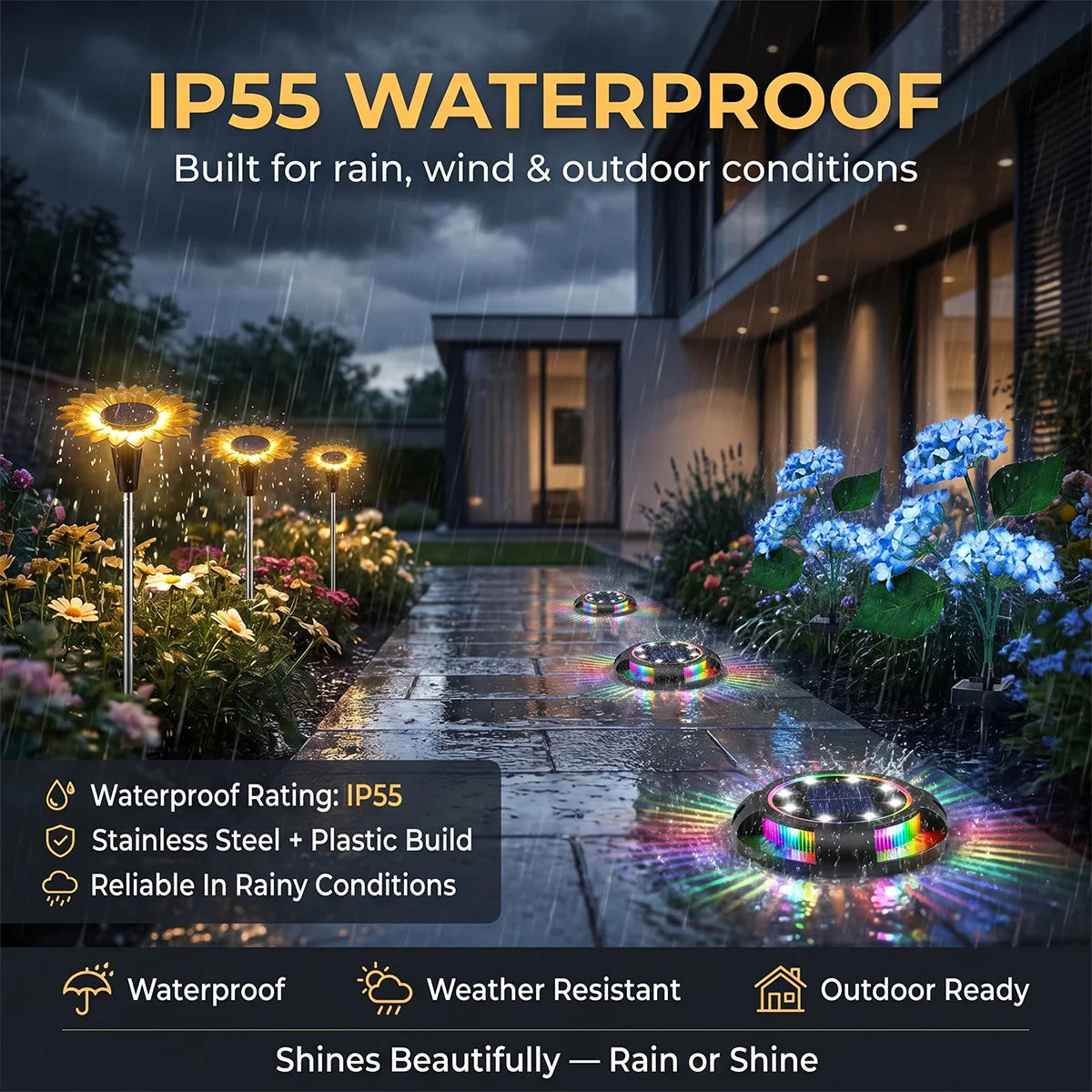Outdoor garden lights with waterproof feature in a rainy setting