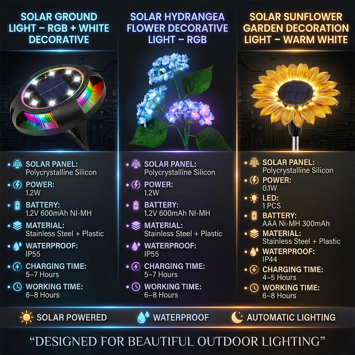 Three solar-powered garden lights with specifications on a dark background