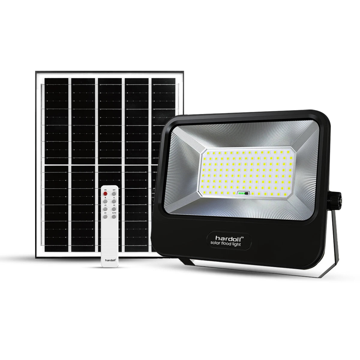 Solar flood light with panel and remote control on a white background