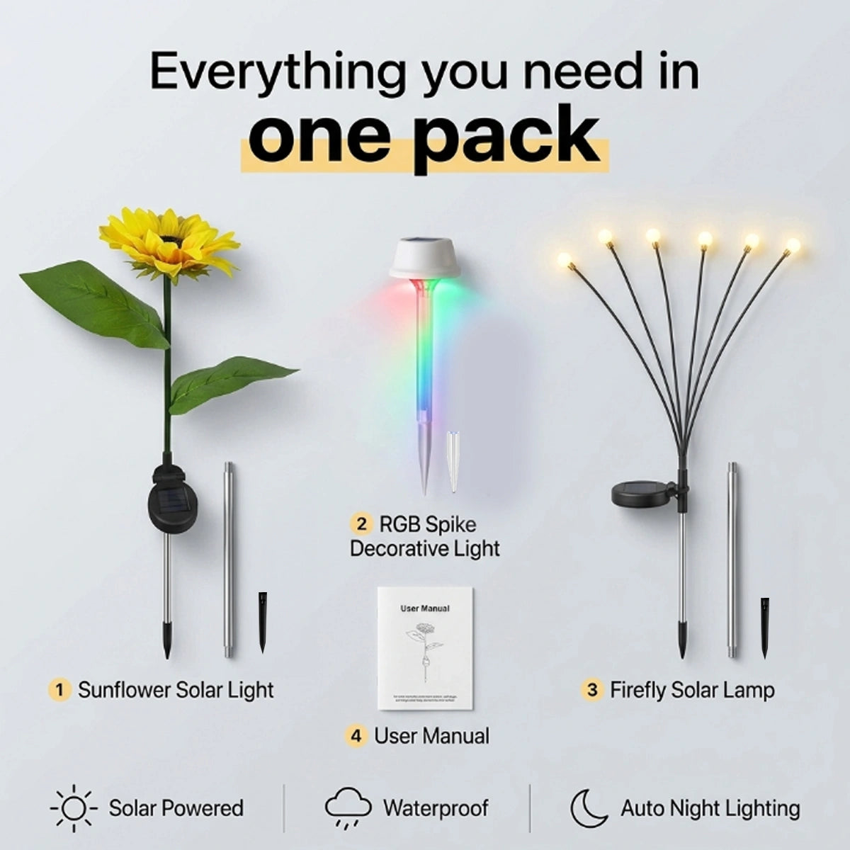 Packaged solar lights including sunflower, RGB spike, and firefly lamp with user manual on a white background.