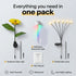 Packaged solar lights including sunflower, RGB spike, and firefly lamp with user manual on a white background.